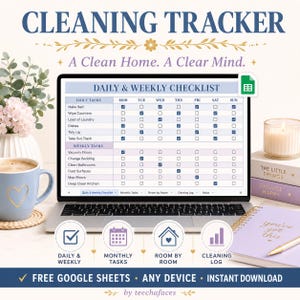 May include: A digital cleaning tracker displayed on a laptop screen featuring a daily and weekly checklist with checkboxes for tasks like making beds and vacuuming. The interface includes tabs for monthly tasks, room by room, and a cleaning log.