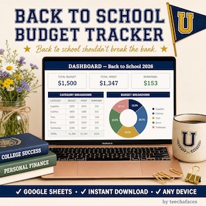 May include: A digital Back to School Budget Tracker displayed on a laptop screen, featuring a dashboard with a total budget of $1,500, total spent of $1,347, and remaining of $153, alongside a category breakdown table and a colorful pie chart.
