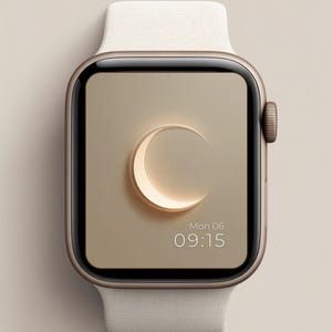 Può includere: Uno smartwatch color oro con cinturino color crema. Il quadrante mostra un design a mezzaluna e la data, "Mon 06" e l'ora, "09:15". L'orologio ha uno schermo rettangolare e un pulsante laterale strutturato.