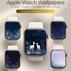 以下が含まれることがあります： Gemini Apple Watchの壁紙の広告。画像には、青と紫の色合いのさまざまな自然をテーマにした背景を持つ、いくつかのApple Watchが表示されています。画像には「Clear Time、Clean & Minimal」と「7 Designs、Instant Download」と書かれています。