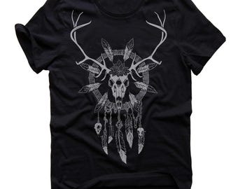 Dreamcatcher with deer skull t-shirt, Deer Antlers Shirt, Folk Pagan Wear, Ethnic stile Free shipping!