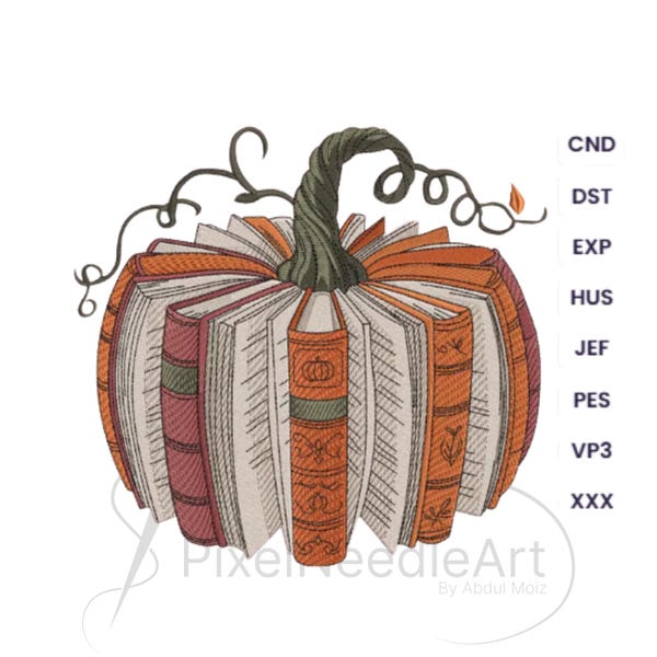 Livre motif de broderie citrouille - motif de point de lecture d'automne - fichier Halloween - cadeau pour enseignant et bibliothécaire