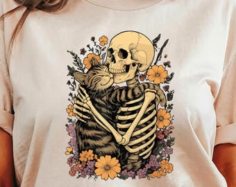 Floral Gothic Cat T-Shirt: Spooky Skeleton Hug, Cat Lover Gift