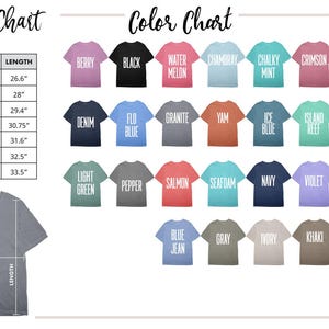 May include: Size and color chart for t-shirts. The size chart shows measurements in inches for sizes S to 4XL. The color chart displays various t-shirt colors, including Berry, Black, Denim, Flo Blue, Granite, and more.