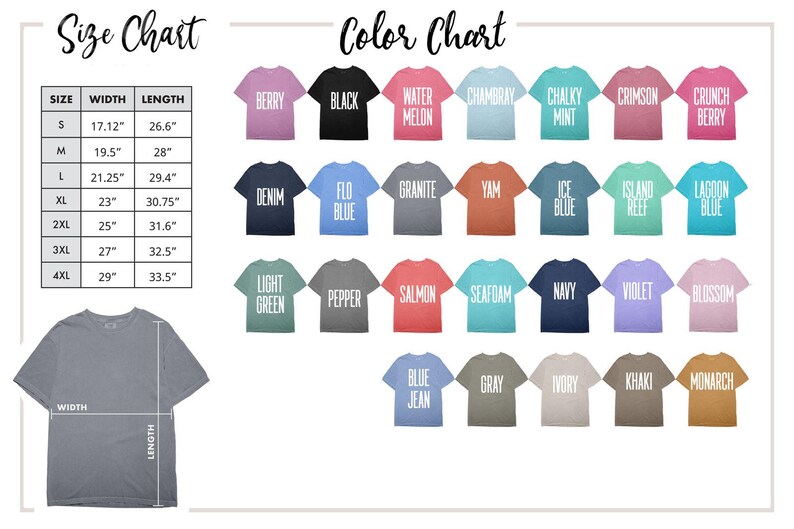 May include: Size and color chart for t-shirts. The size chart shows measurements in inches for sizes S to 4XL. The color chart displays various t-shirt colors, including Berry, Black, Denim, Flo Blue, Granite, and more.