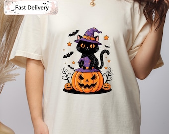 Witchy Black Cat Halloween Shirt: Comfort Colors Pumpkin Tee
