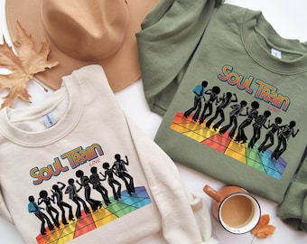 Retro 70s Soul Train Sweatshirt: Disco Funk Rainbow Design