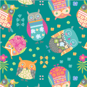 Owls fabric, Cute colorful owls and flowers over green teal fabric, Girls fabric 100% cotton for sewing projects