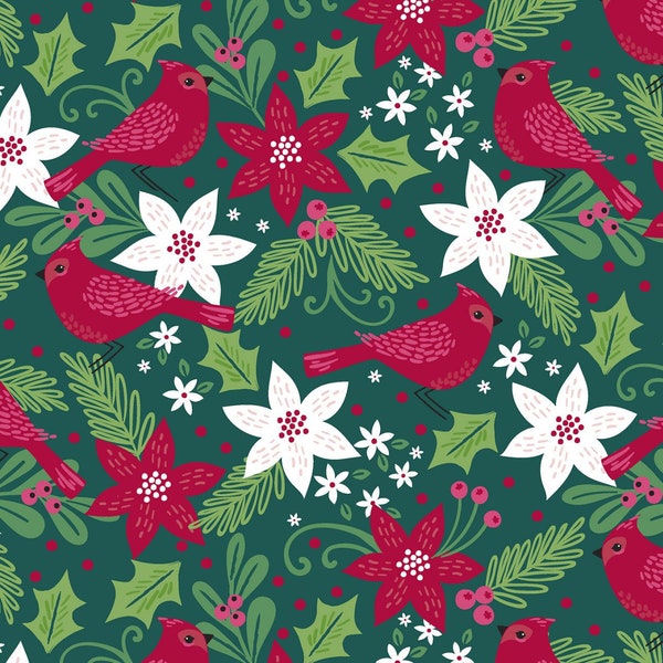 Cardinal birds, poinsettias and foliage fabric, Christmas fabric, Red and green winter fabric 100% cotton for all sewing projects