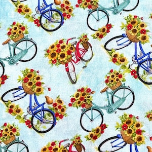 Sunflowers and bicycles blue fabric by Susan Winget, Autum fabric 100% cotton for all Quilting and sewing projects.