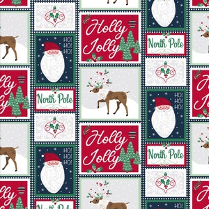 May include: A red and green Christmas fabric with a repeating pattern of reindeer, Santa Claus, and Christmas trees. The fabric has the words "Holly Jolly" and "North Pole" printed on it.