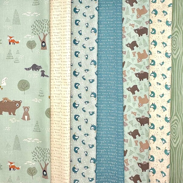 Woodland Bundle of 8 fabrics, Forest friends Baby boy fabric, CHOOSE YOUR CUT 100% cotton for Quilting and general sewing projects