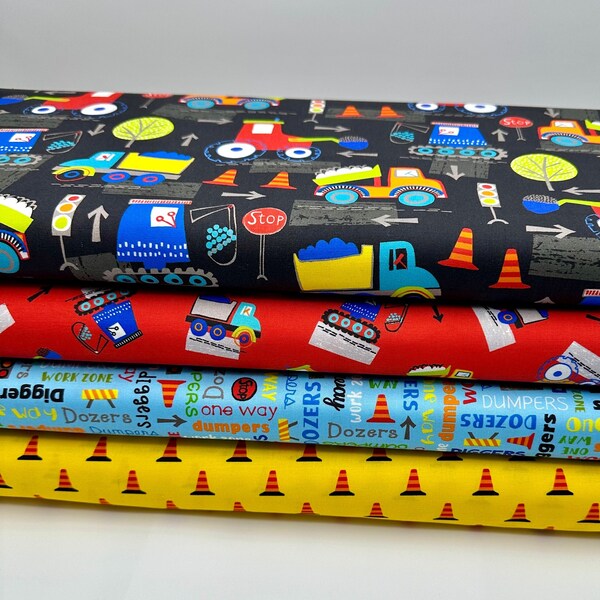 Boys bundle of 4 fabrics, Construction fabrics CHOOSE YOUR CUT 100% cotton for Quilting and general sewing projects