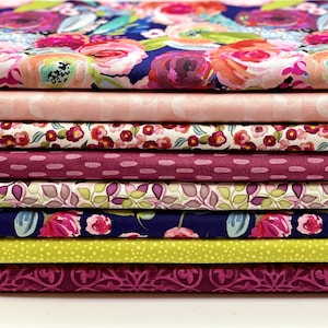 Floral bundle of 8 Fat Quarter fabrics, Modern pink, plum and green Floral fabrics 100% cotton for Quilting and general sewing projects