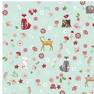 Woodland friends fabric, Deer, bunnies, foxes and birds fabric, Enchanted meadow fabric, Baby fabric 100% cotton for Quilting and sewing