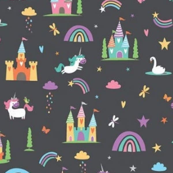 Unicorns fabric, Unicorns, Rainbows, clouds, birds and Castles fabric, Girls fantasy fabric 100% cotton for Quilting and sewing projects.