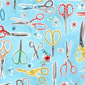 Scissors fabric, Dressmaker Sewing Tools fabric, Sewing shears fabric, Scissors and flowers on blue fabric 100% cotton for sewing.