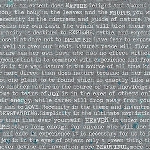 May include: A black and white image with a text overlay. The text is a philosophical quote about nature, simplicity, and joy. The text is in a typewriter font and is slightly faded. The background is a textured gray.