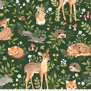 Woodland baby fabric, Forest friends green main fabric, Outdoors life nursery fabric, Baby animals fabric 100% cotton for sewing projects.