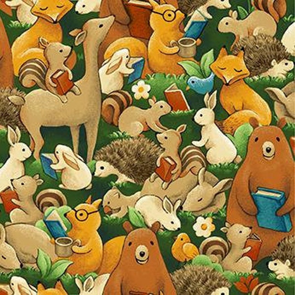 Forest animals fabric, Kids fabric, Forest animals and books fabric, Animals Reading in the forest fabric 100% cotton for sewing projects