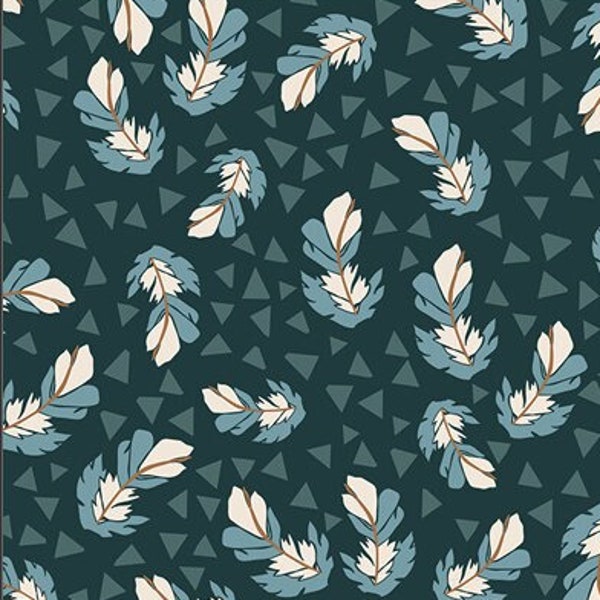 Feathers fabric, Boho feathers fabric, Teal Feathers and triangles fabric, Art gallery "feel the difference" oeko tex fabric 100% cotton