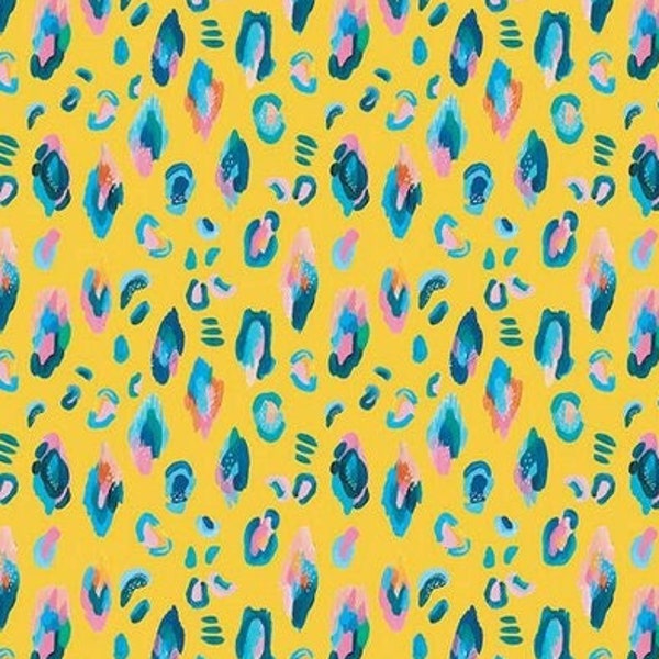 Yellow animal print fabric, Fun blender fabric, Blue, yellow and pink fabric, Whimsical leopard print fabric 100% cotton for sewing projects