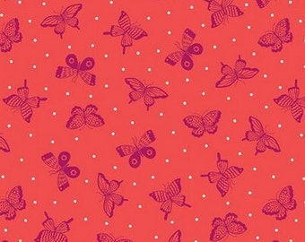 Butterflies fabric, Garden summer critters, Butterflies and White polka dots over red fabric 100% cotton for all sewing projects.