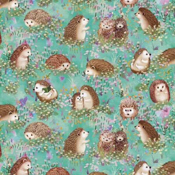 Hedgehogs fabric, Cute hedgehogs on the prairie fabric, Baby nursery fabric, Woodland animals fabric 100% cotton for Qulting and Sewing