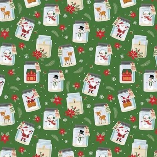 Christmas fabric, Snowmen, deer, Santa and poinsettias in jars on green fabric, Cute Winter fabric for kids 100% cotton for sewing