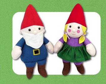 May include: A sewing pattern for two 17-inch soft toy gnomes, Günther and Gretchen. The pattern includes instructions for making a male gnome with a blue outfit and a female gnome with a purple top and green skirt.