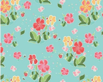 Floral fabric, Strawberries, bees and flowers fabric, Garden girl fabric 100% cotton for sewing projects.