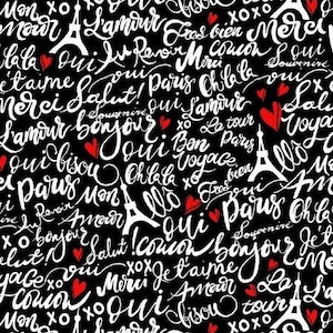 French words, Eiffel towers and red hearts fabric, French fabric, Paris fabric, Travel fabric, French language fabric 100% cotton for sewing