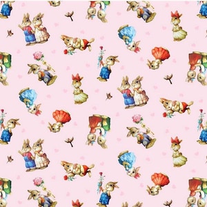 Rabbits fabric, Girl nursery fabric, Bunnies fabric, Cute Rbbits over pink fabric 100% cotton for all sewing projects