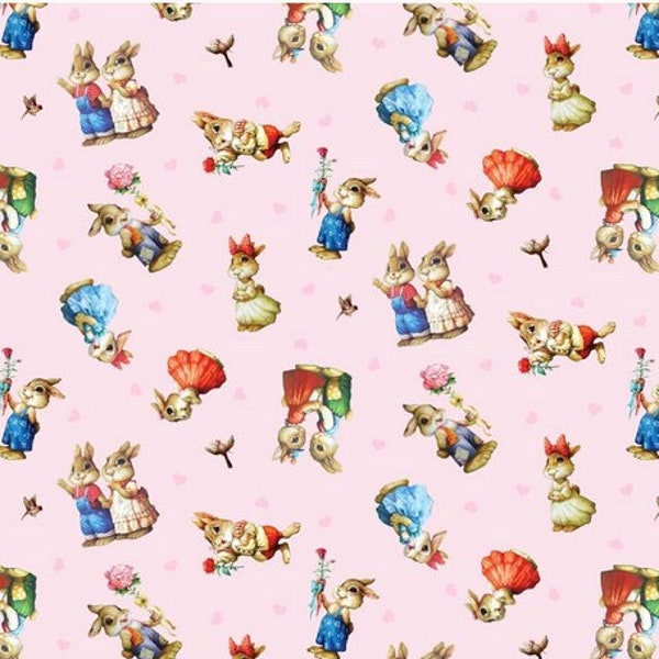 Rabbits fabric, Girl nursery fabric, Bunnies fabric, Cute Rbbits over pink fabric 100% cotton for all sewing projects