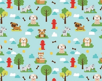 Dogs fabric, Cute dogs on Aqua fabric, Children fabric, Kid Animals fabric 100% cotton for all sewing projects