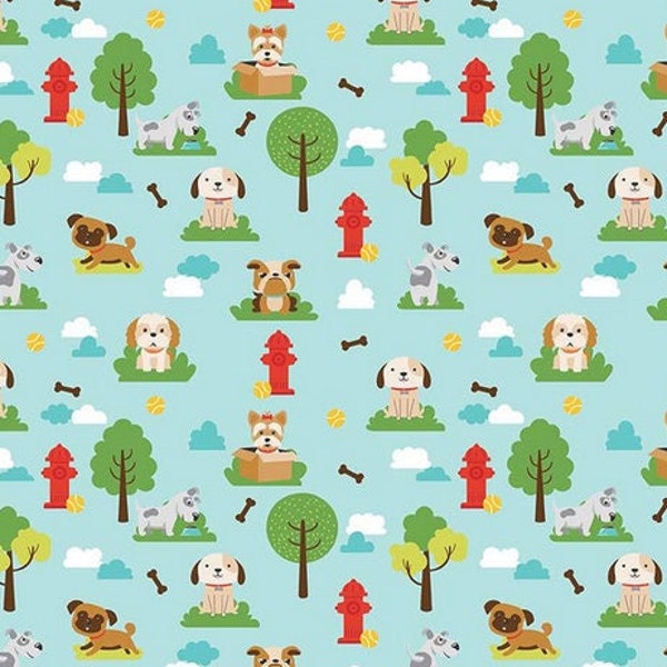 Dogs fabric, Cute dogs on Aqua fabric, Children fabric, Kid Animals fabric 100% cotton for all sewing projects