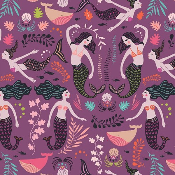 Mermaids fabric, Mermaid friends swiming in the ocean on plum fabric , Art gallery "feel the difference" oeko tex fabric 100% cotton