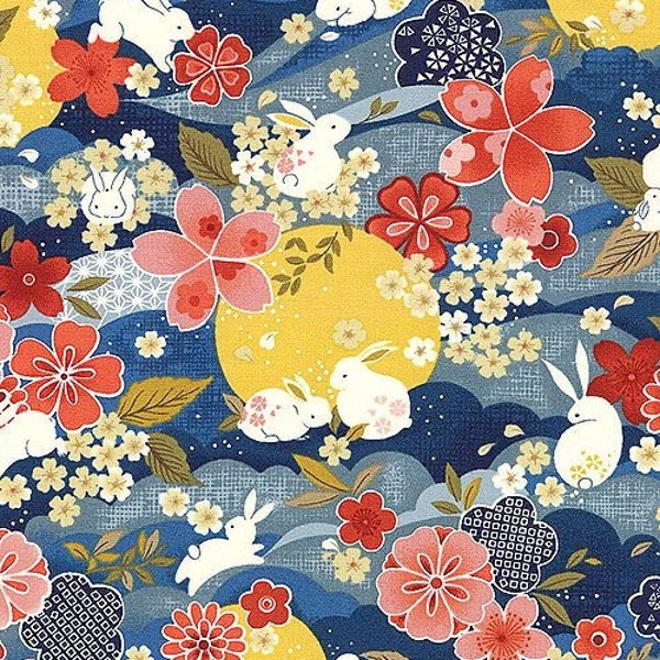 Moons and Rabbits fabric, Flowers and bunnies fabric, Navy floral fabric, Girl fabric 100% cotton for sewing all projects