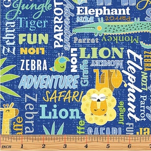 Safari Animals and words fabric, Baby boy fabric, Boy nursery fabric, Zoofari kids fabric, Spelling words fabric 100% cotton for sewing