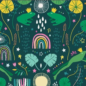 May include: A teal blue fabric with a whimsical pattern of frogs wearing crowns, rainbows, stars, and lily pads. The fabric is perfect for crafting projects like quilts, pillows, and tote bags.