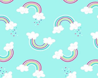 Clouds fabric, Baby fabric, Clouds rainbows and tiny hearts fabric, sky fabric, Happy fabric, kids fabric 100% cotton for sewing projects.