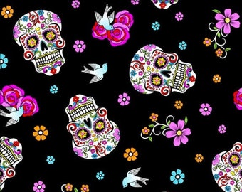 END of BOLT 22 inches of Skulls with glitter over black fabric, Day of the dead Roses and sugar skulls fabric 100% cotton for sewing