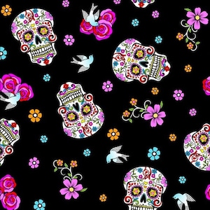 May include: Black fabric with a repeating pattern of colorful sugar skulls, flowers, and birds. The skulls are white with intricate floral designs in various colors. Pink roses, blue birds, and orange and blue flowers are scattered across the background.