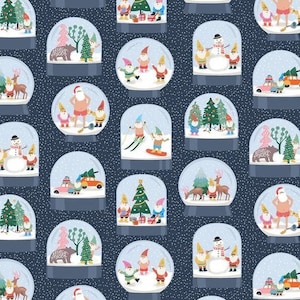 Christmas fabric, Snowglobes fabric, Santa, snowmen, gnomes and deer in snowglobes fabric, Fun winter fabric, Kids fabric 100% cotton