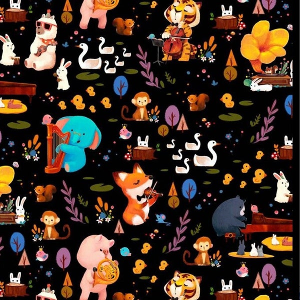 Animals fabric, Animal friends having fun playing instruments fabric, Music fabric, Kids fabric 100% cotton for all sewing projects