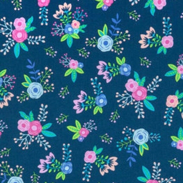 Modern floral fabric, Pink flowers and foliage bouquets over blue fabric, Girl floral fabric, Flowers fabric 100% cotton for sewing