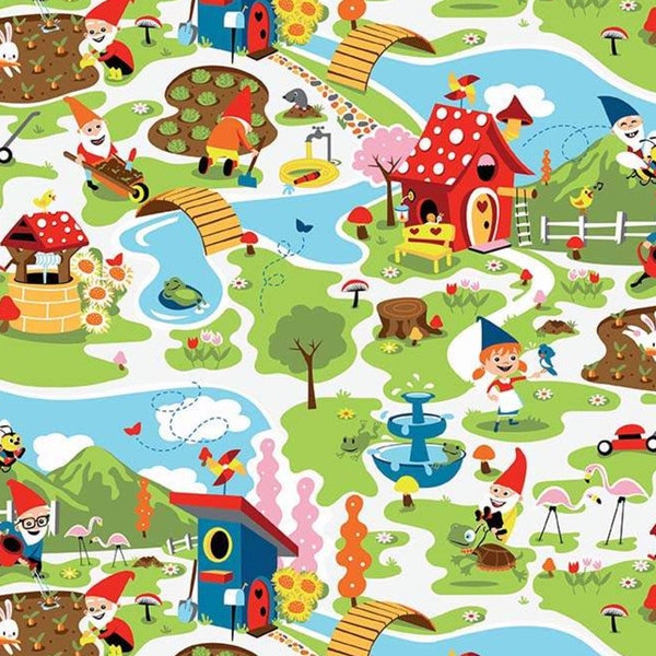 Gnomes fabric, Happy gnomes having fun in their fantasy world fabric, Kids fabric 100% cotton for all sewing.