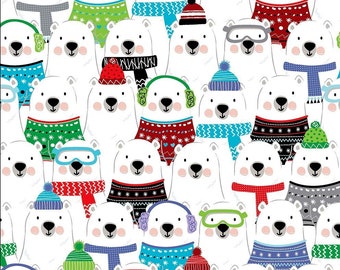 Bears fabric, Polar bears fabric, Fun kids fabric, White bears all together fabric, Winter fabric 100% cotton for all sewing.