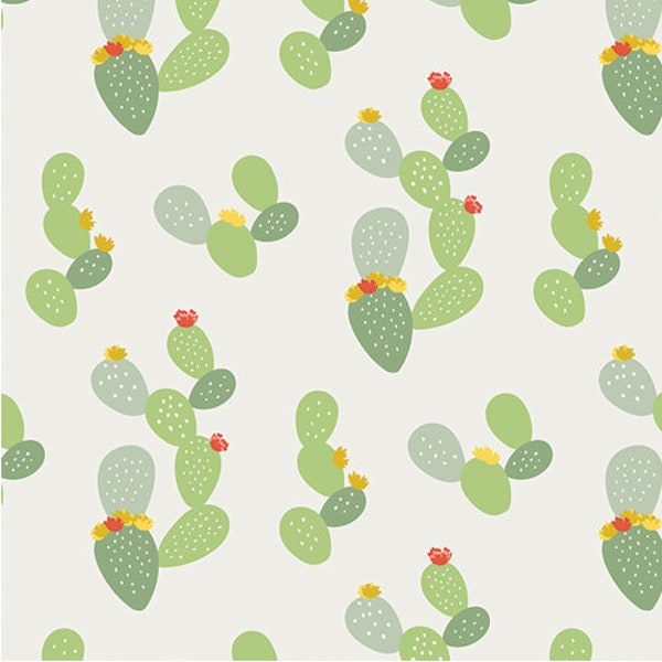 Cactus fabric, Blooming cacti over white fabric, Desert plants, Opuntias , Art gallery "feel the difference" oeko tex fabric 100% cotton