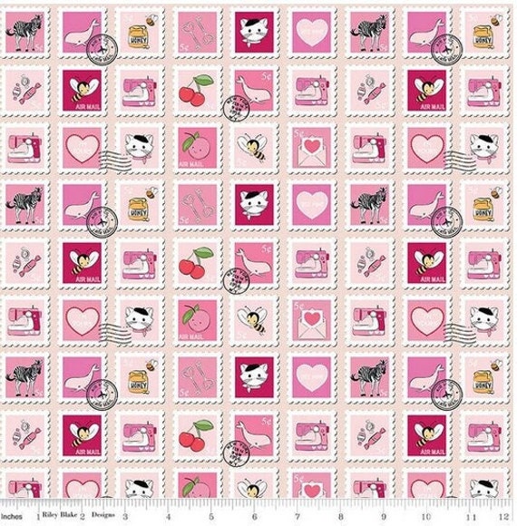 Postal stamps fabric, Girls fabric, Cats, hearts, bees and whales on Cute  stamps over blush pink fabric 100% cotton for all sewing projects